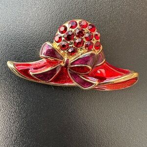 Vintage Red Hat Enamel Gold-Toned & Red Rhinestones Brooch